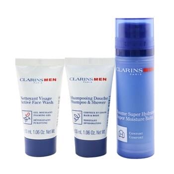 OJAM Online Shopping - Clarins Men Hydration Essentials Set: Super Moisture Balm 50ml + Active Face Wash 30ml + Shampoo & Shower 30ml 3pcs Men's Skincare