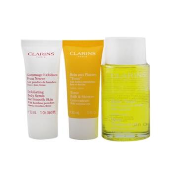 OJAM Online Shopping - Clarins Tonic Collection: Tonic Body Treatment Oil 100ml+ Exfoliating Body Scrub 30ml+ Tonic Bath & Shower Concentrate 30ml+ Bag 3pcs+1bag Skincare