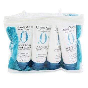 OJAM Online Shopping - Original Sprout Classic Collection Deluxe Travel Kit: Shampoo 90ml + Conditioner 90ml + Baby Wash 90ml + Baby Cream 90ml + Washcloth 1pc 4pcs+1Washcloth Skincare