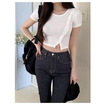 OJAM Online Shopping - Trendywhere Button Front Split Crop Top Free (XS-S) Luxury