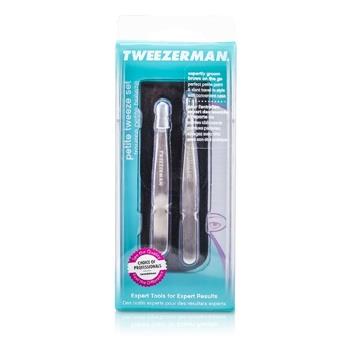 OJAM Online Shopping - Tweezerman Petite Tweeze Set: Slant Tweezer + Point Tweezer - (With Black Leather Case) 2pcs Make Up